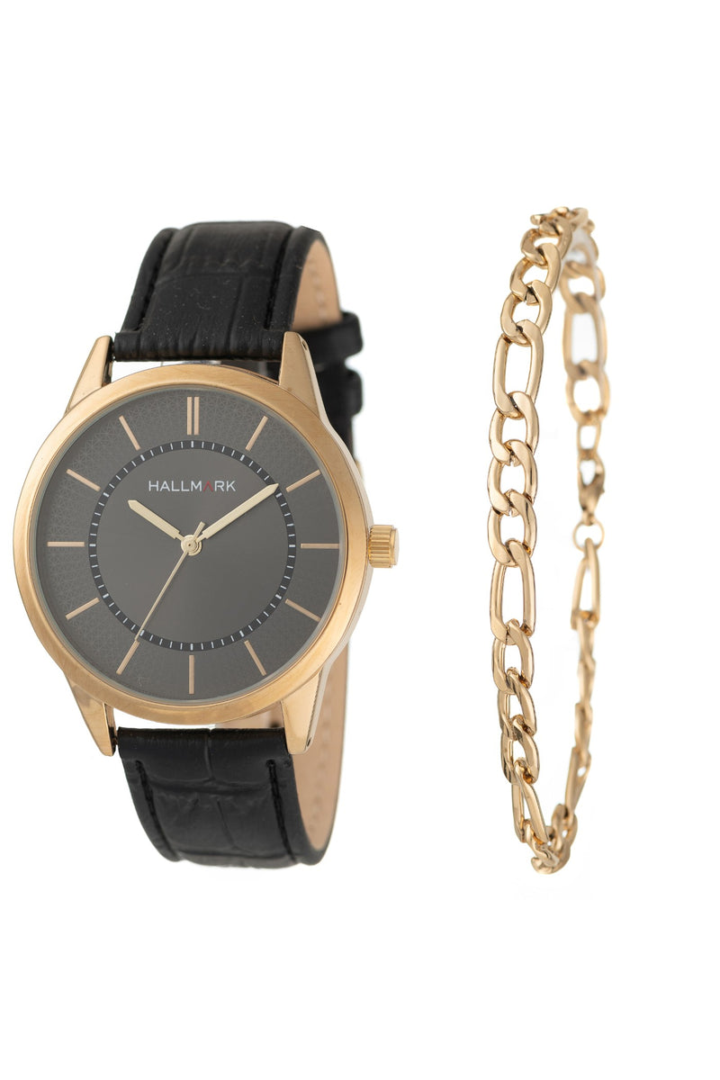 Gold & Leather Watch & Figaro Bracelet Box Set - Gold