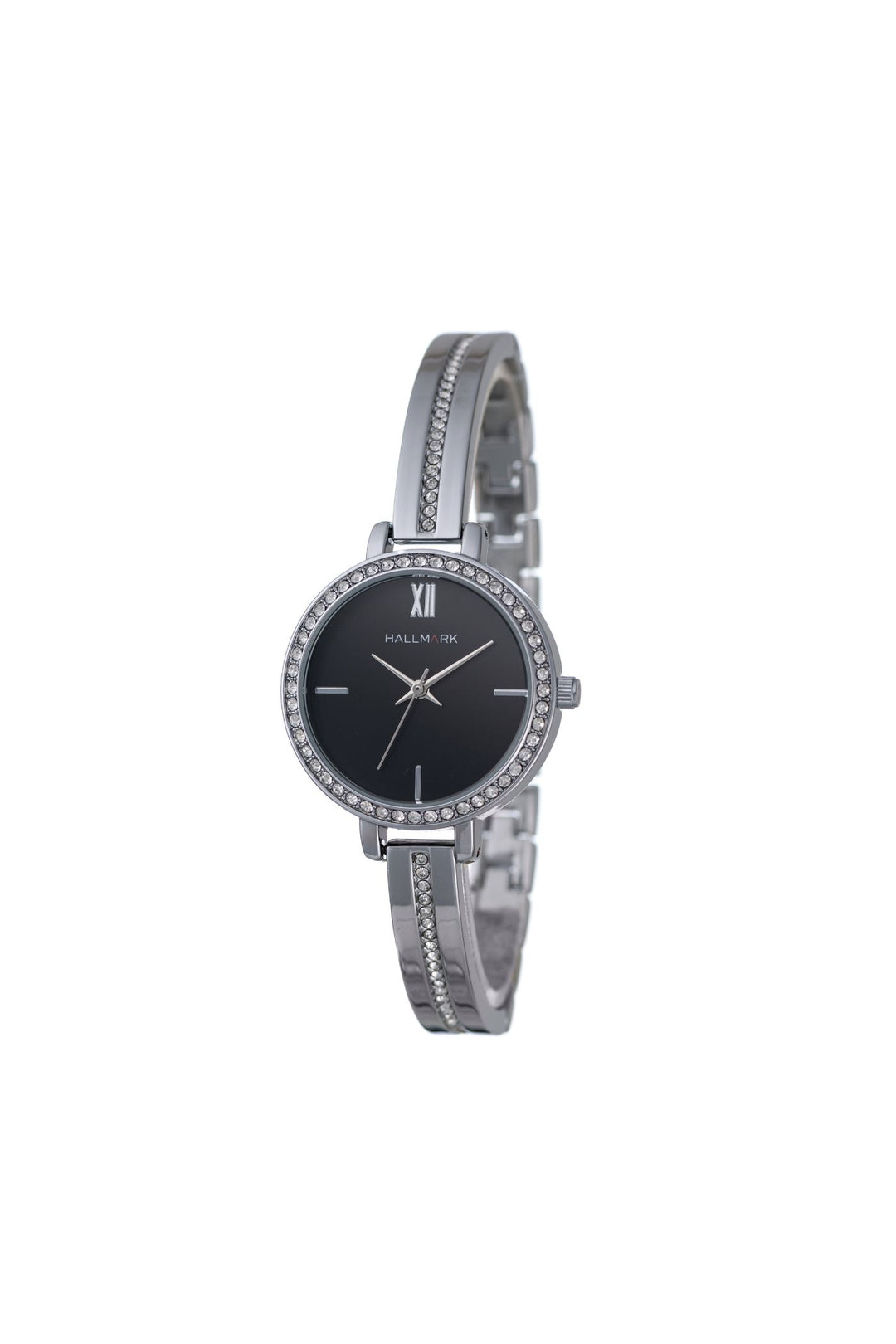 Black Dial Round Stone Bracelet Watch - Silver