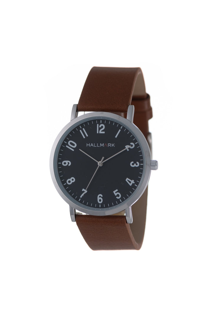 Silver Brown Leather Strap Black Dial Watch - Silver