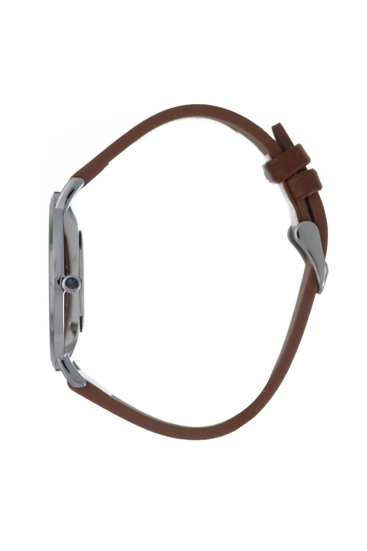 Silver Brown Leather Strap Black Dial Watch - Silver