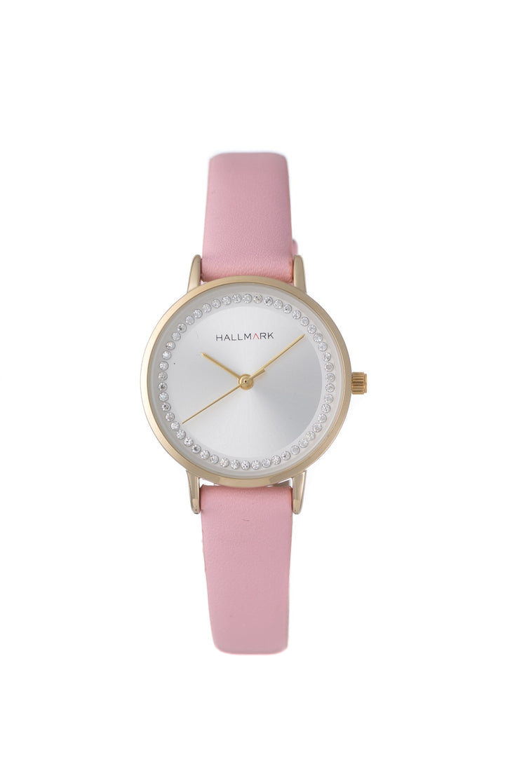 Round Stone Gold Detail Dial Pink Pu Leather Watch - Gold