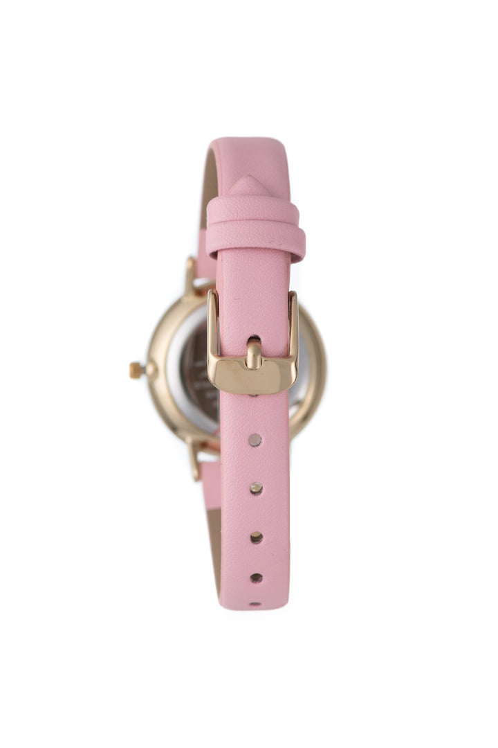 Round Stone Gold Detail Dial Pink Pu Leather Watch - Gold