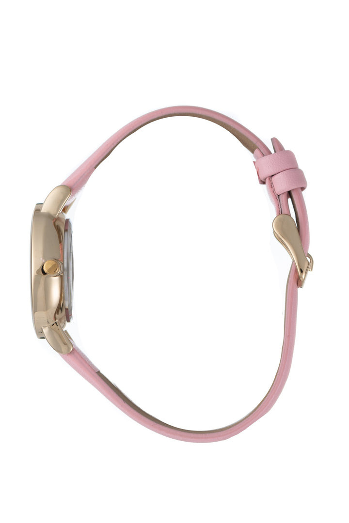 Round Stone Gold Detail Dial Pink Pu Leather Watch - Gold