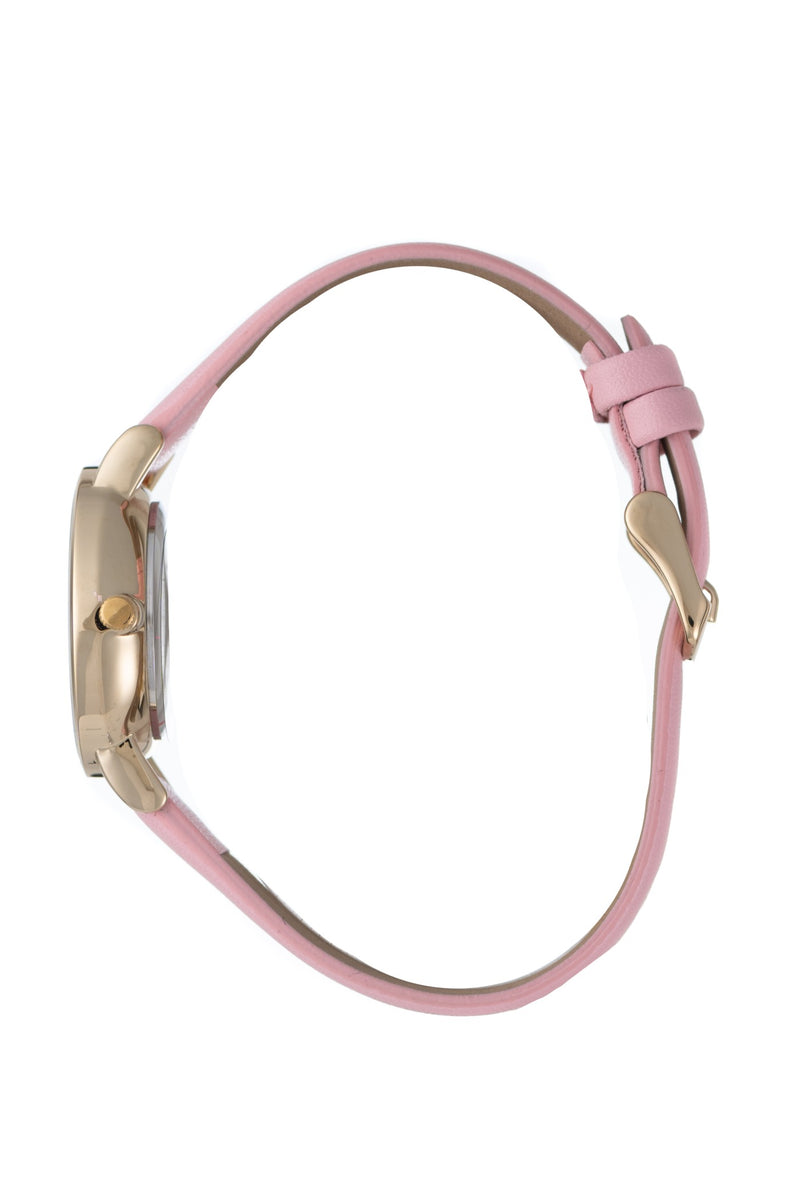 Round Stone Gold Detail Dial Pink Pu Leather Watch - Gold