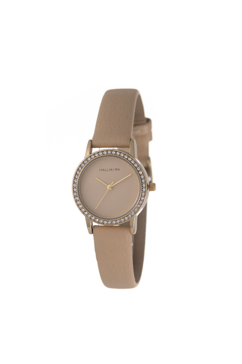 Round Stone Mocha Dial & Leather Strap Watch - Gold