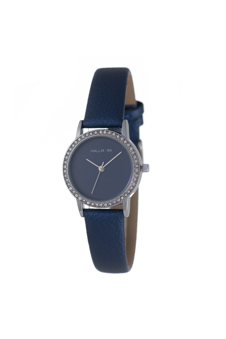 Round Silver Stones Navy Dial Pu Leather Strap Watch - Silver