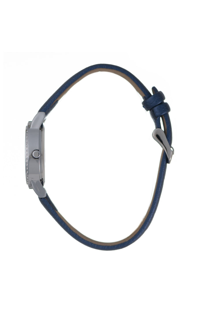 Round Silver Stones Navy Dial Pu Leather Strap Watch - Silver