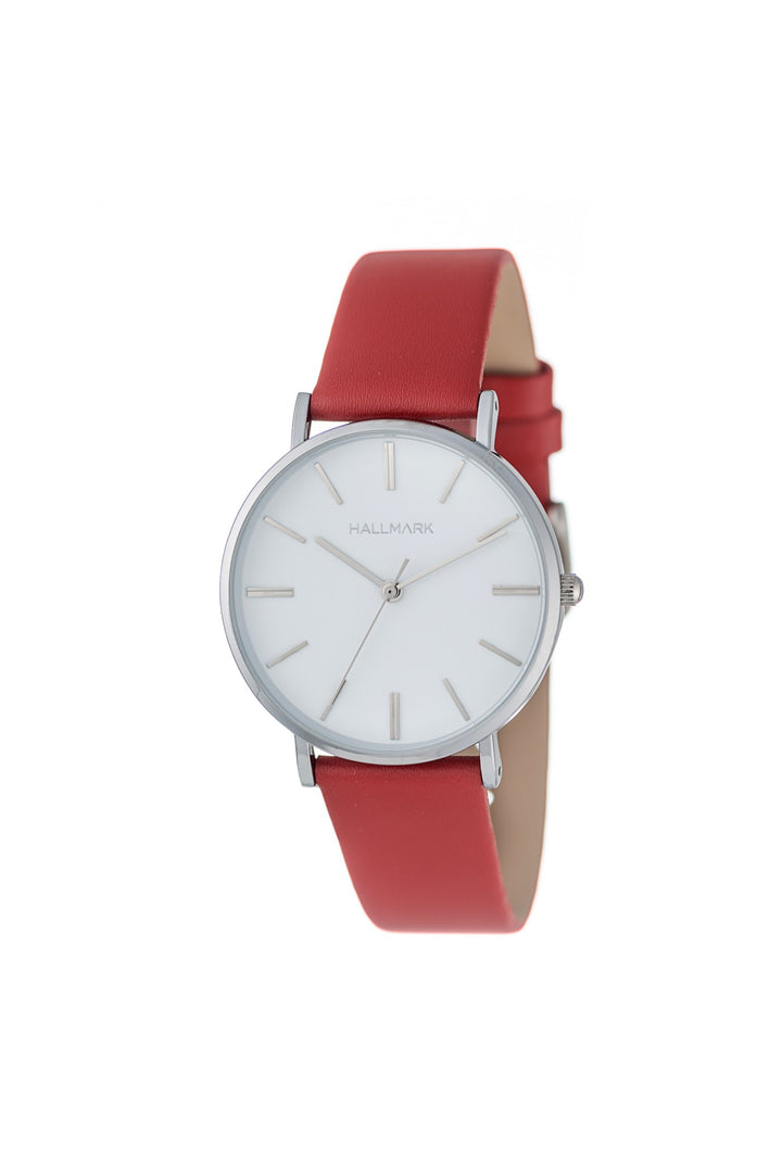 Silver Red Pu Leather Watch - Silver