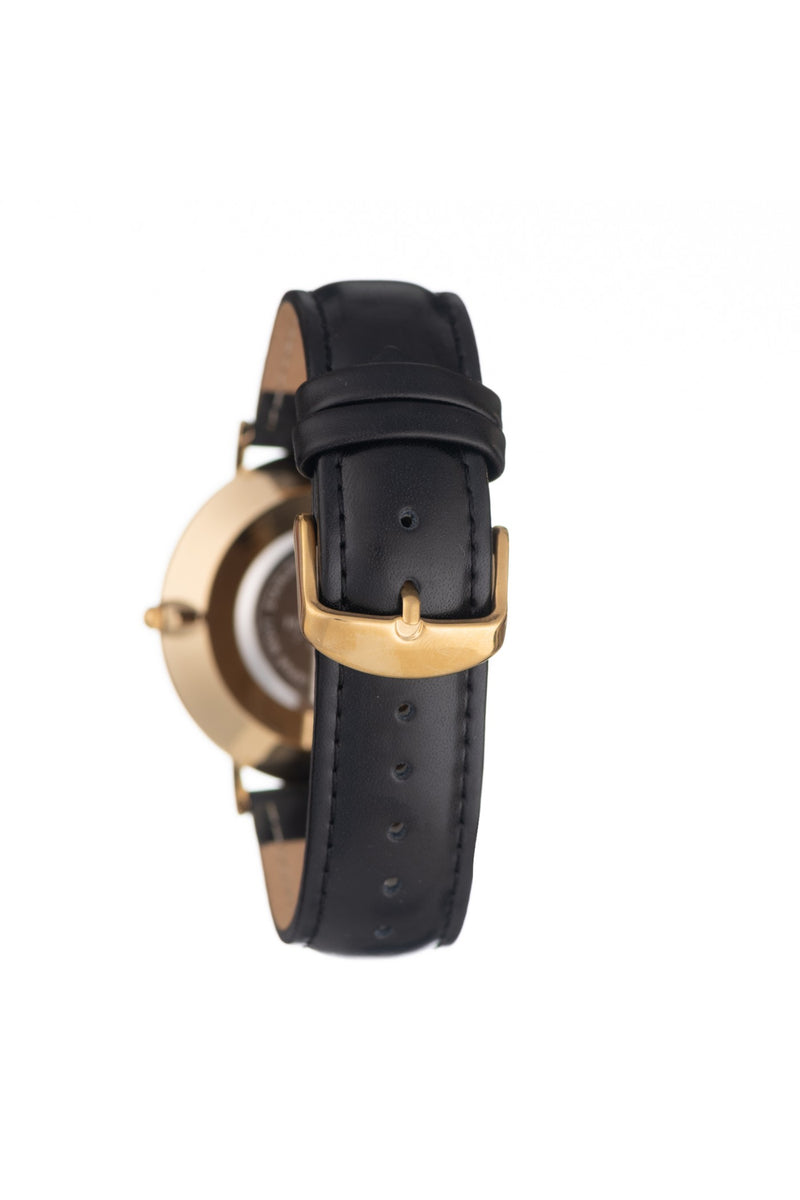 Round Gold Classic Black Leather Strap Watch - Gold