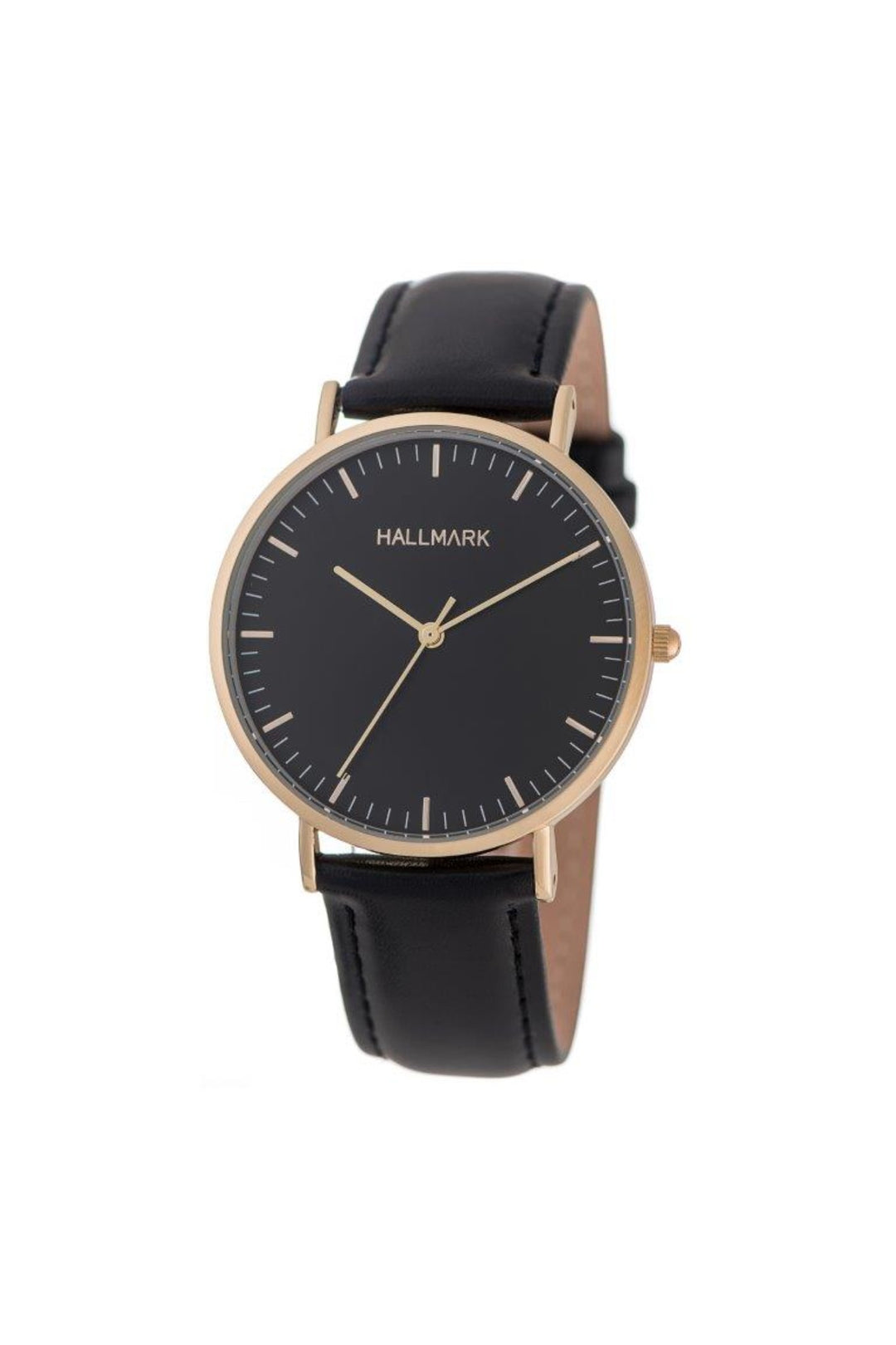 Round Gold Classic Black Leather Strap Watch - Gold
