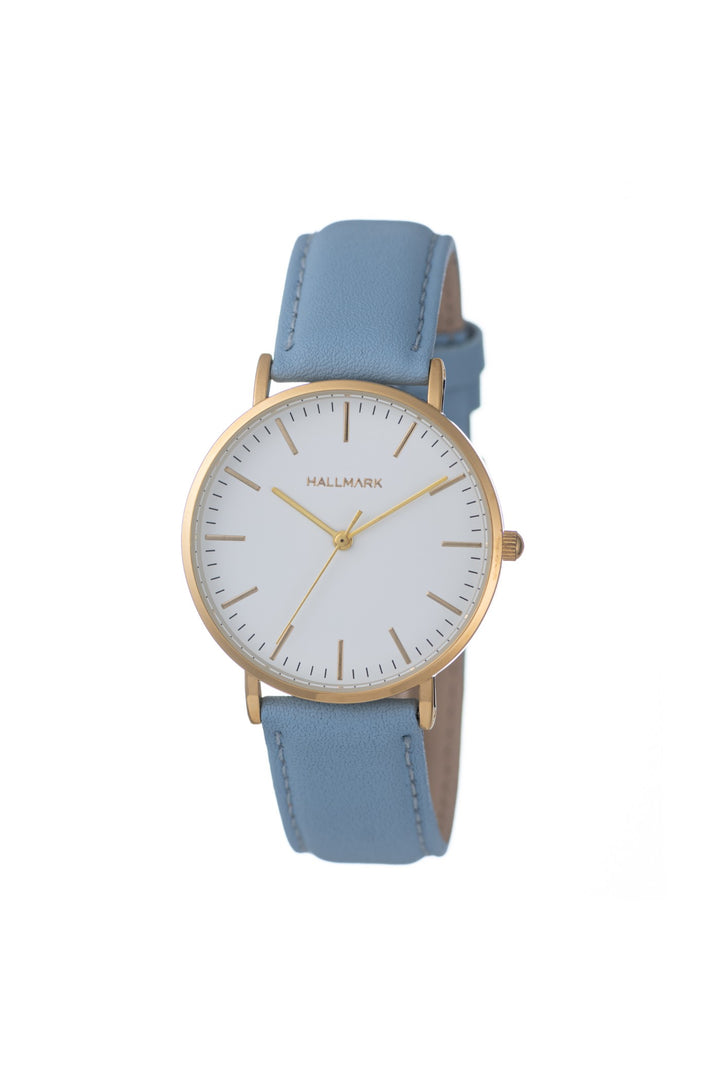 Round Gold Classic Dusk Blue Leather Strap Watch - Gold