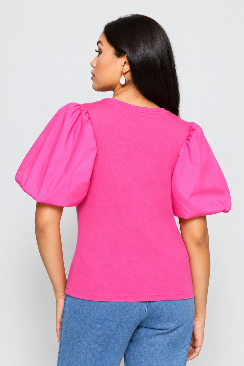 Bubble Sleeve Relaxed Combo Tee - Bright Pink