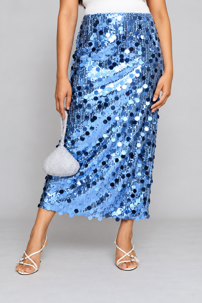 High Waisted Sequin Maxi Skirt With Back Slit - Blue