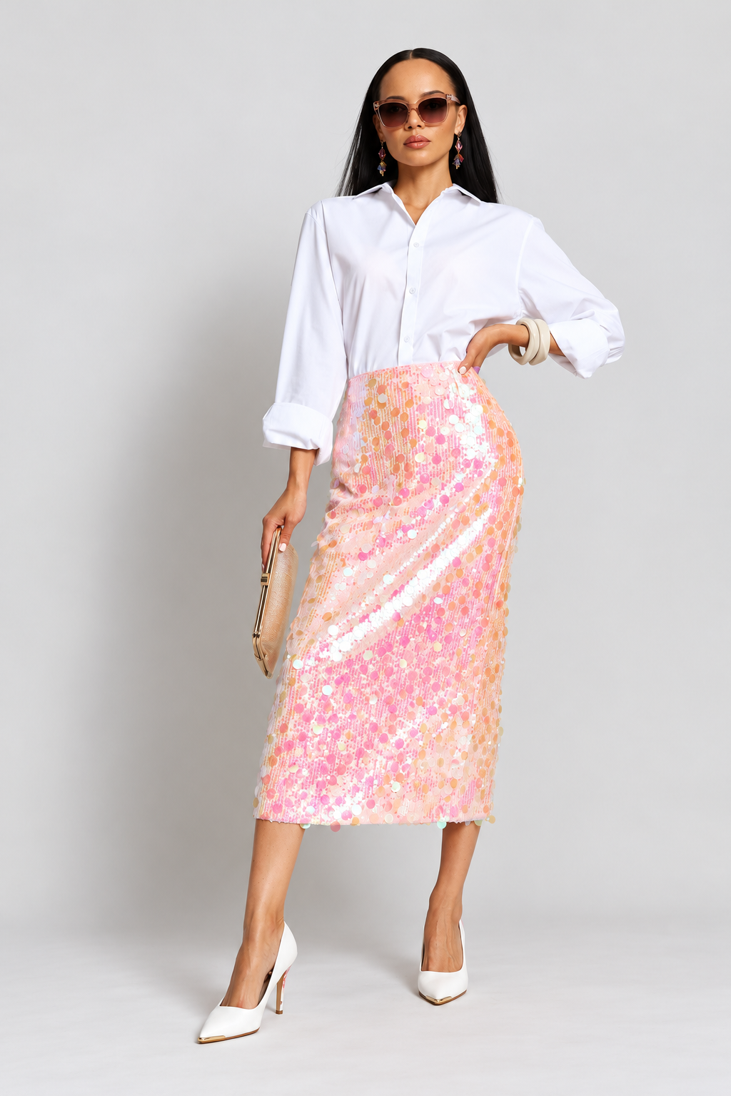 High Waisted Sequin Maxi Skirt With Back Slit - Pink