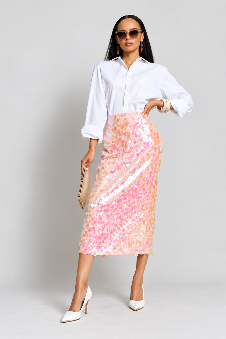 High Waisted Sequin Maxi Skirt With Back Slit - Pink