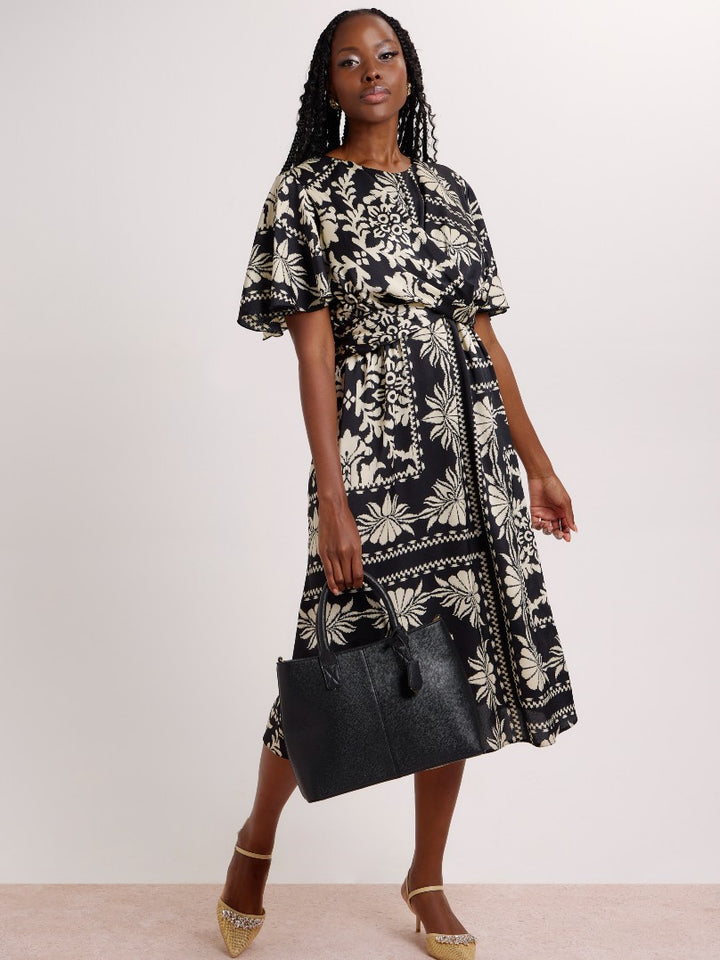 Flutter Sleeve Satn Midi Dress - Black/Cream