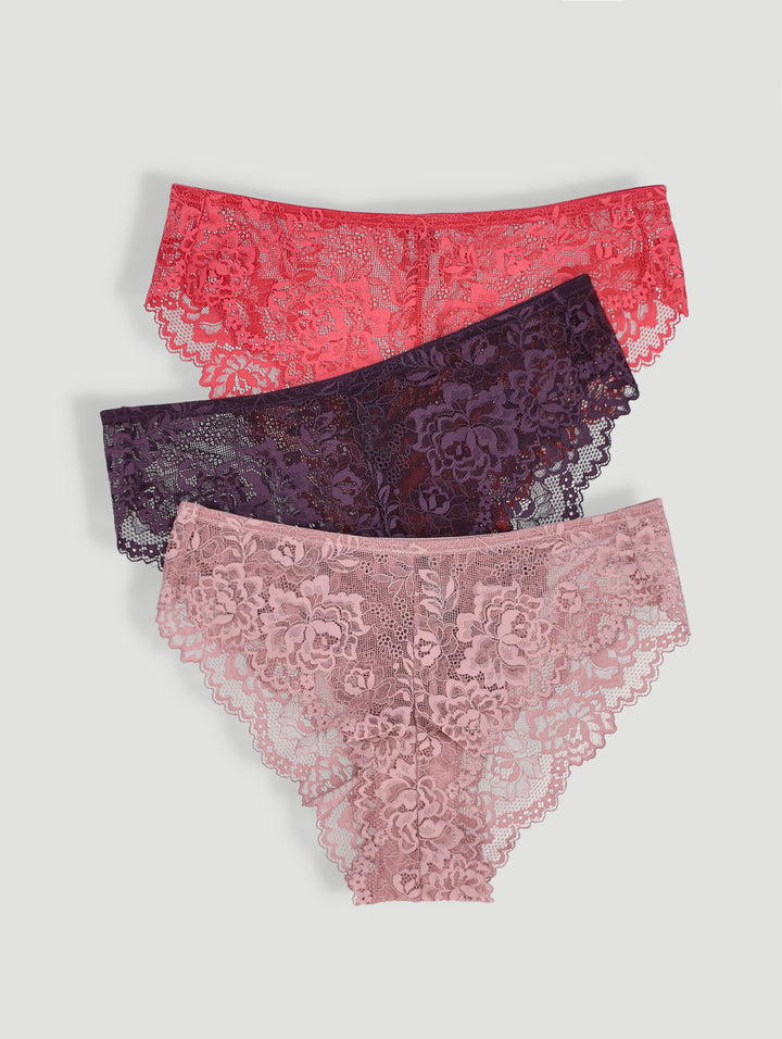 3 Pack Lace Brazilian Panties - Blush/Plum/Rose