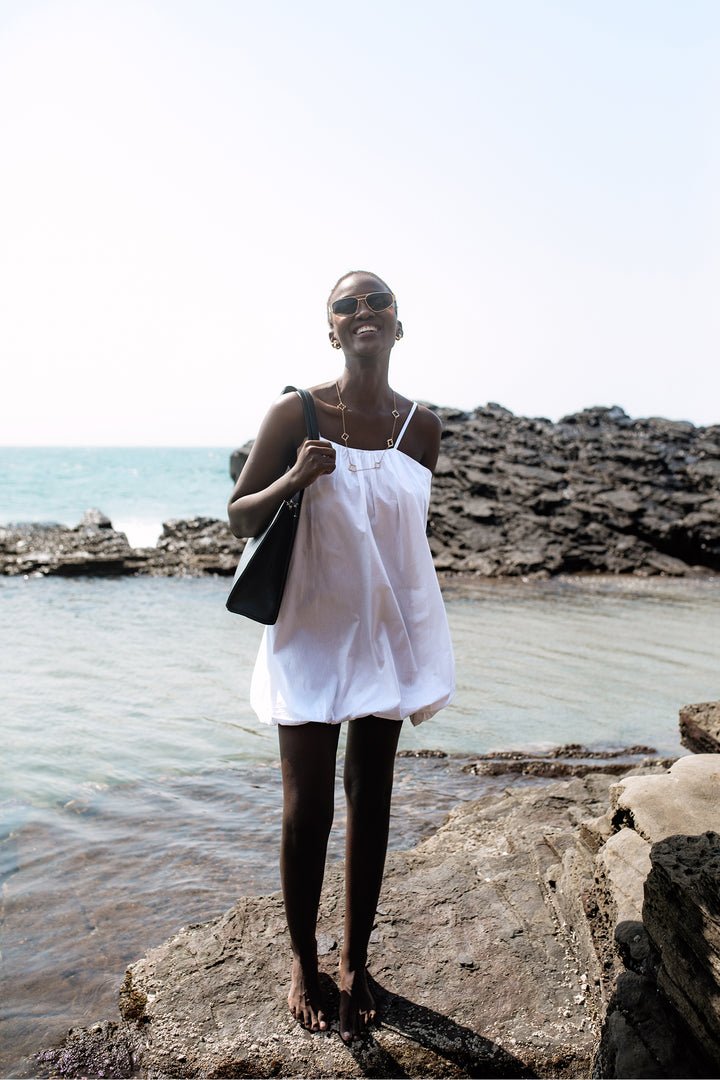 Bubble Hem Bows Mini Dress - White