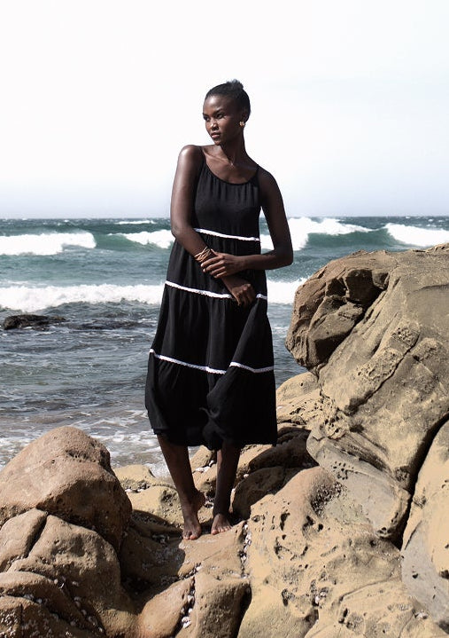 Strappy Contrast Tape Detail Crinkle Tiered Midi Dress  - Black