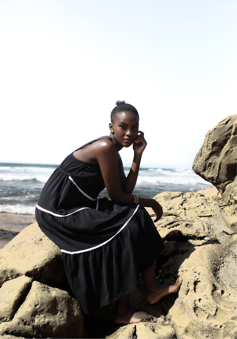 Strappy Contrast Tape Detail Crinkle Tiered Midi Dress  - Black