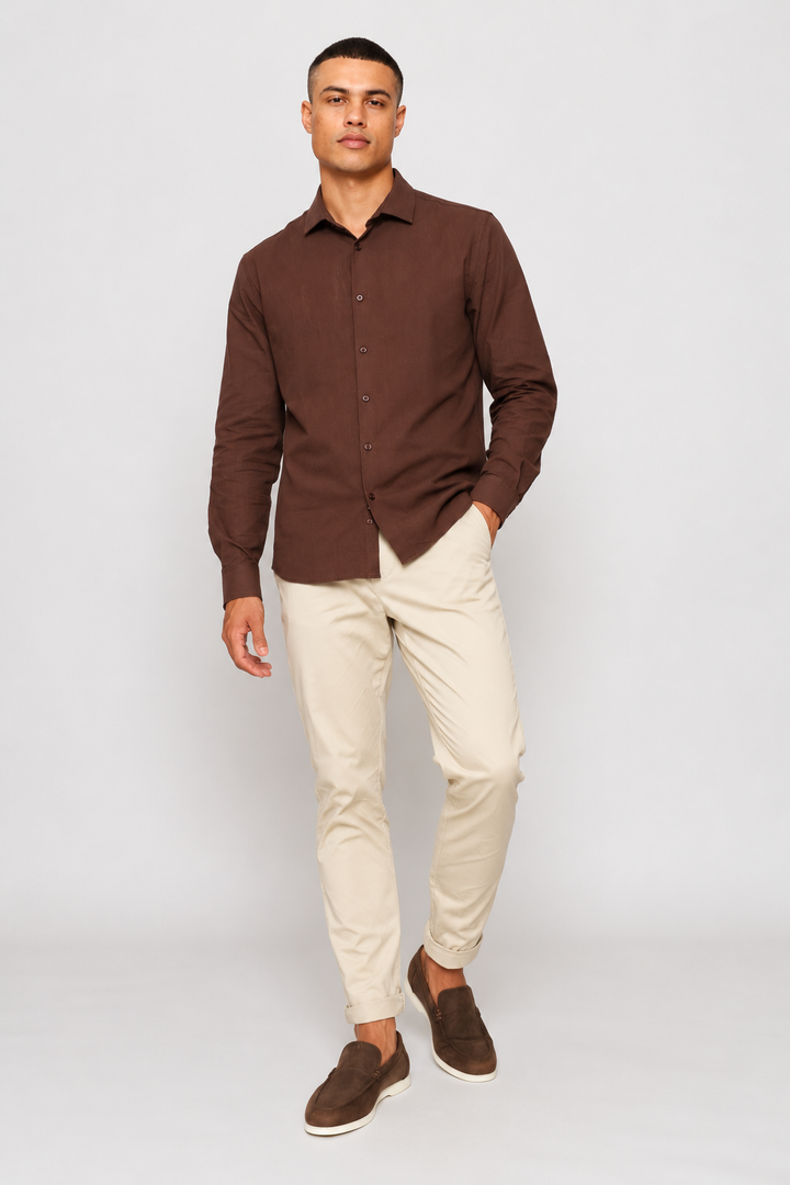 Long Sleeve Crinkle Look Textured Shirt - Chocolate