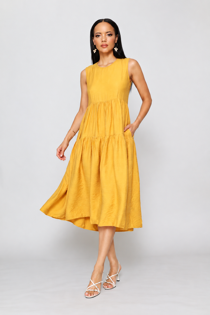 Sleeveless Curved Tiered Volume Midaxi Dress - Honey