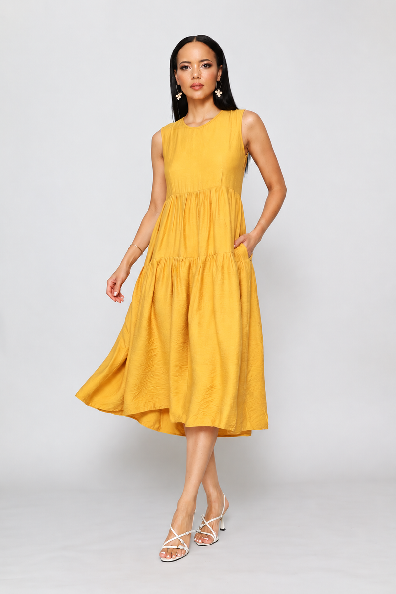 Sleeveless Curved Tiered Volume Midaxi Dress - Honey