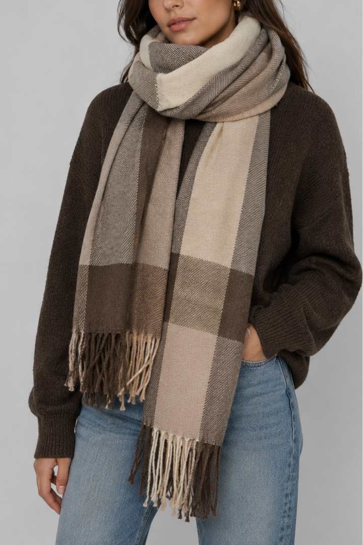 Colour Block Tassel Cape - Tan