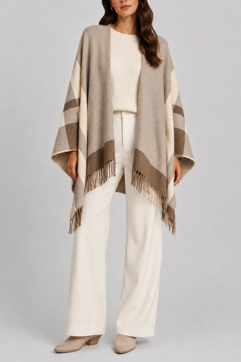 Colour Block Tassel Cape - Tan