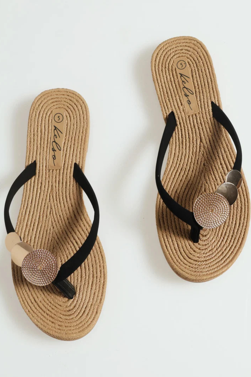Metal Circle Trim Thong Sandal - Black