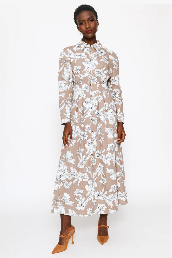 Long Sleeve Button Through Pleated Bodice Midaxi Dress - White/Mocha