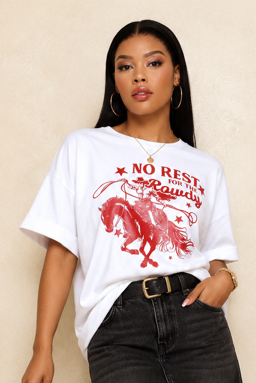 Oversized Rowdy Cowgirl Tee - White