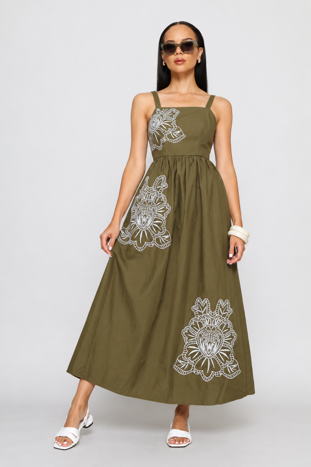 Embroidered Motif Fit & Flare Midaxi Dress - Dark Olive