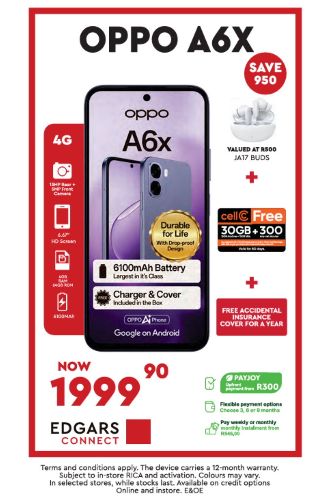A6x 4GB/64GB Dual Sim Cellphone - Purple - Box Deal