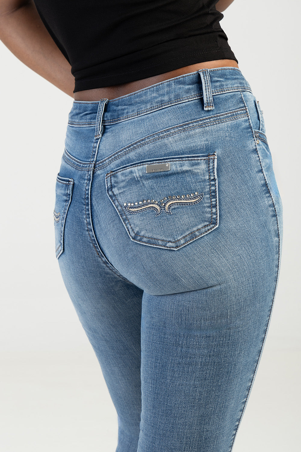 Mila Rose Mid Waist Back Pocket Embroidery Skinny Denim - Light Wash