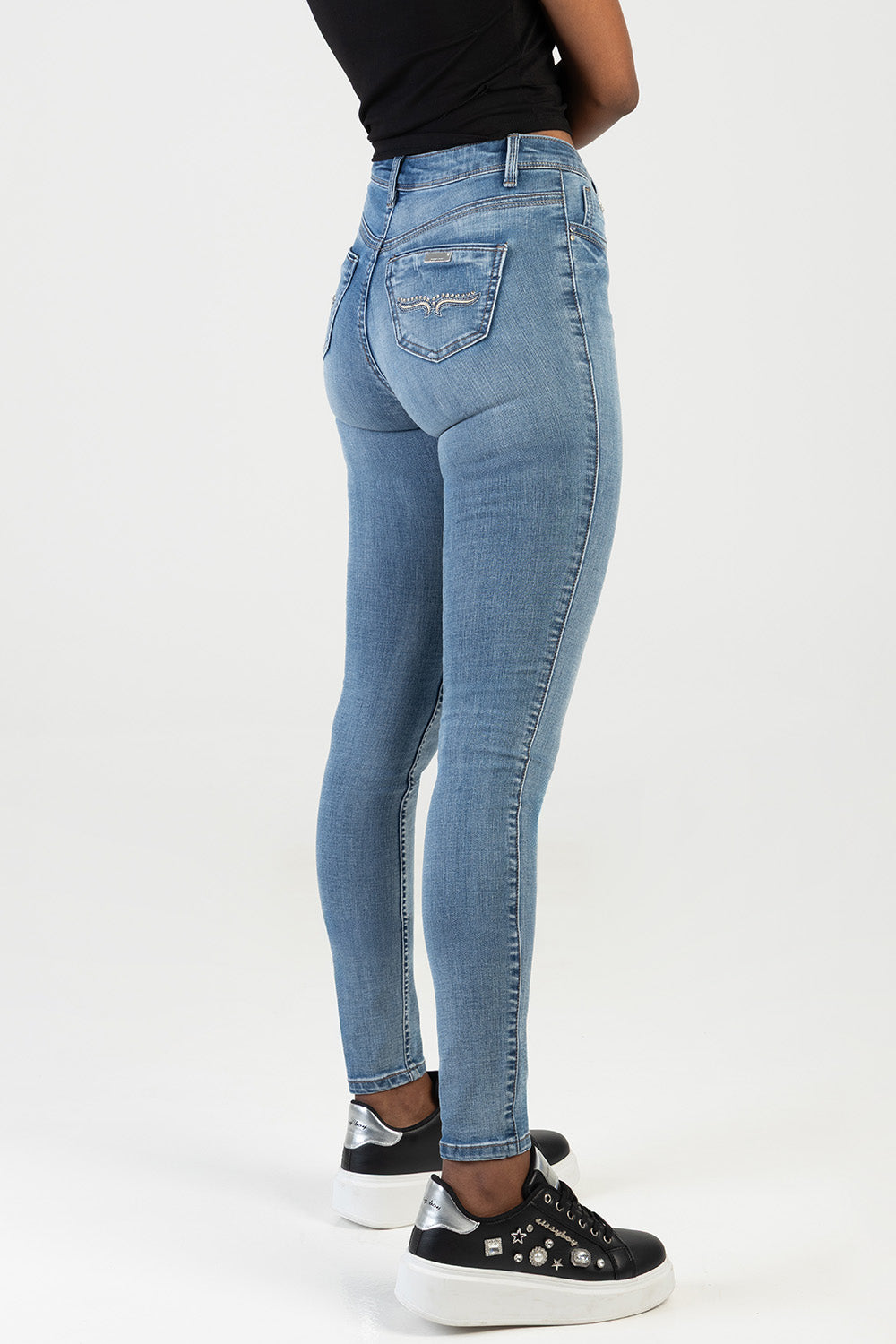 Mila Rose Mid Waist Back Pocket Embroidery Skinny Denim - Light Wash