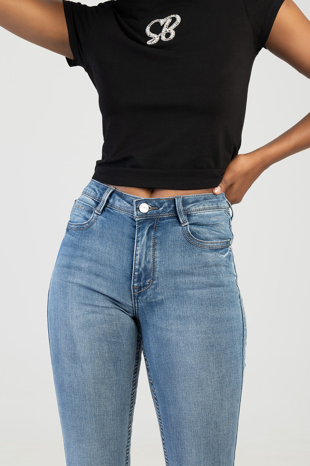 Mila Rose Mid Waist Back Pocket Embroidery Skinny Denim - Light Wash