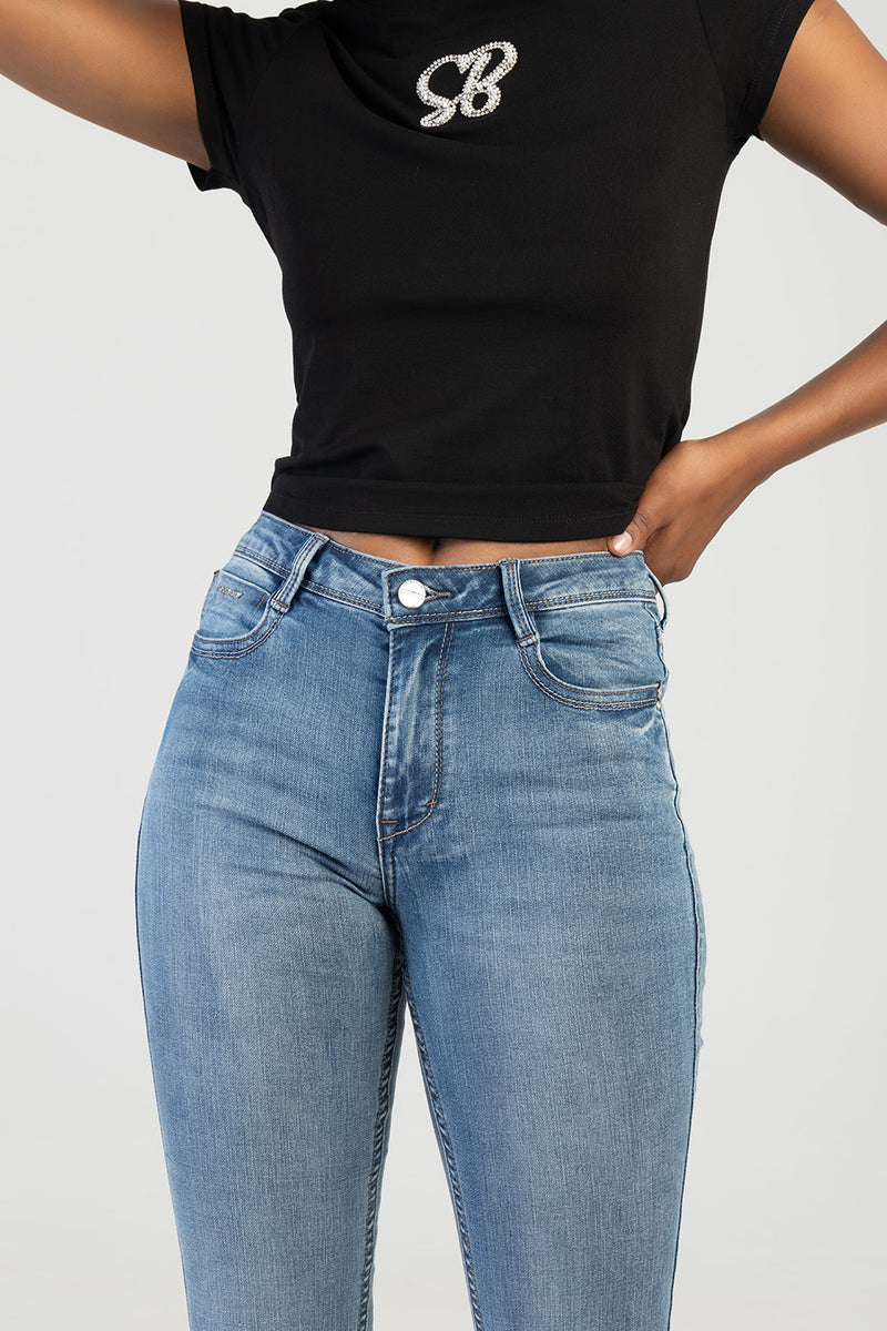 Mila Rose Mid Waist Back Pocket Embroidery Skinny Denim - Light Wash