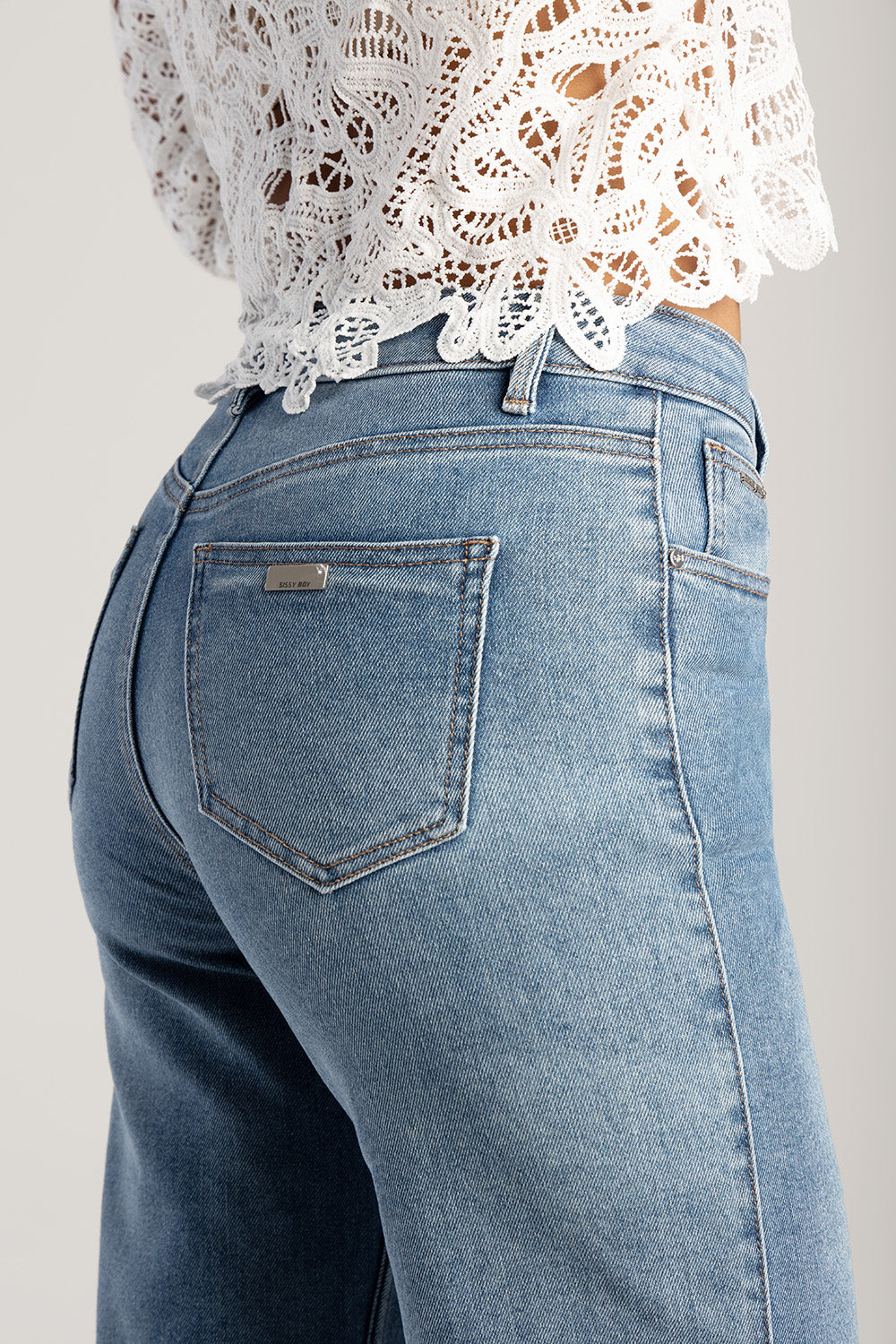 High Waisted Anglaise Hem Cropped Wide Leg Denim - Medium Wash