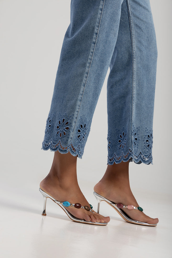 High Waisted Anglaise Hem Cropped Wide Leg Denim - Medium Wash