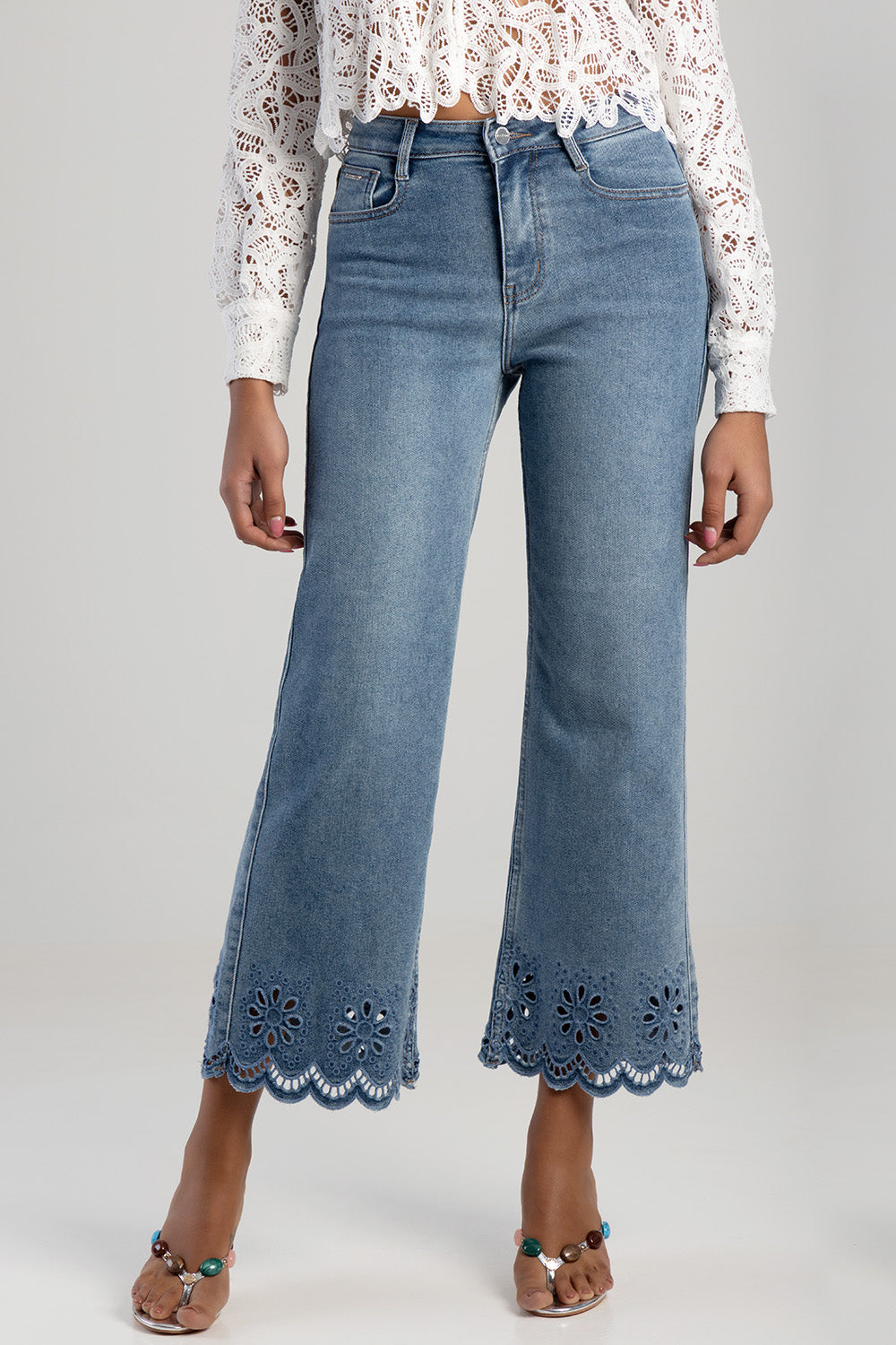 High Waisted Anglaise Hem Cropped Wide Leg Denim - Medium Wash
