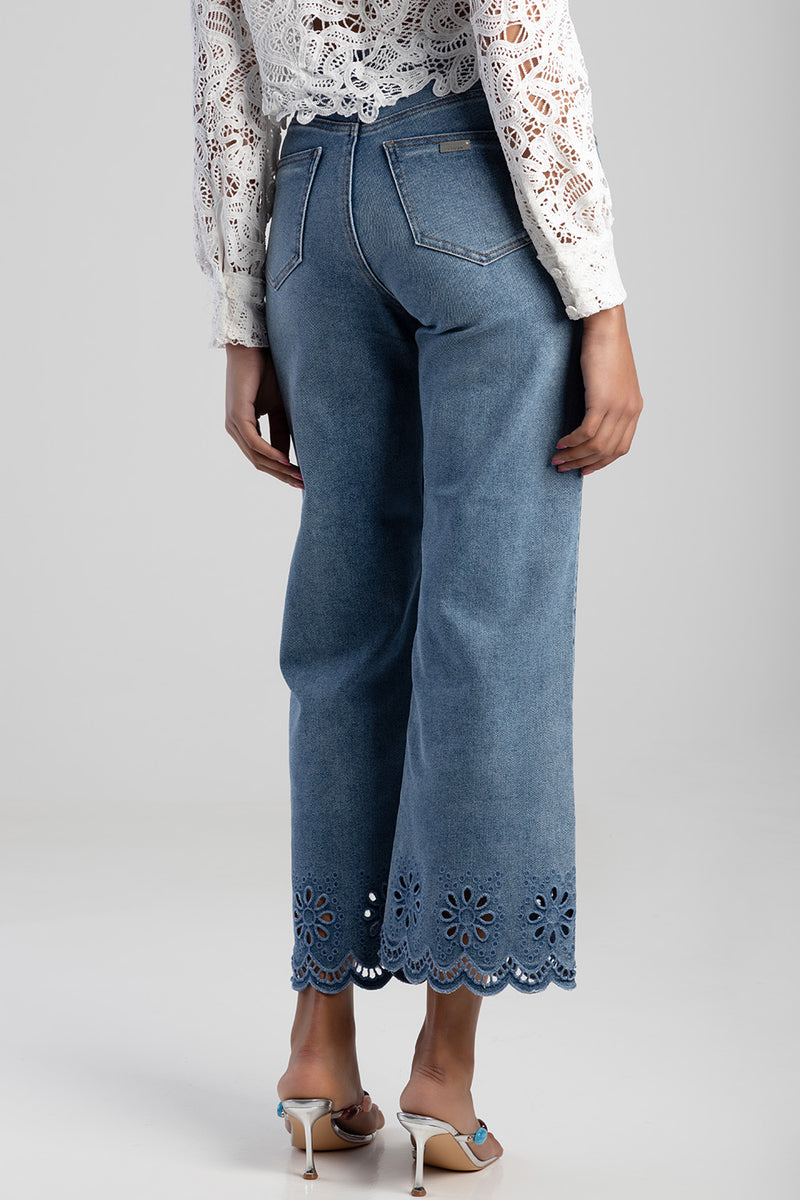 High Waisted Anglaise Hem Cropped Wide Leg Denim - Medium Wash