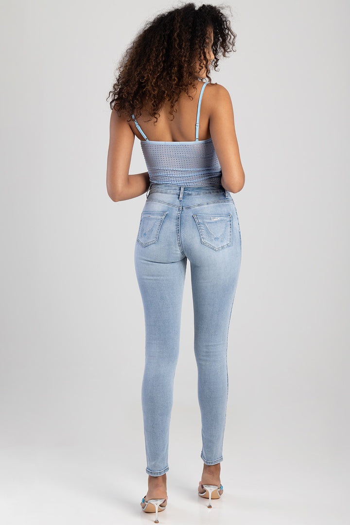 Mid Waist Skinny Denim With Back Pocket Embroidery - Light Blue