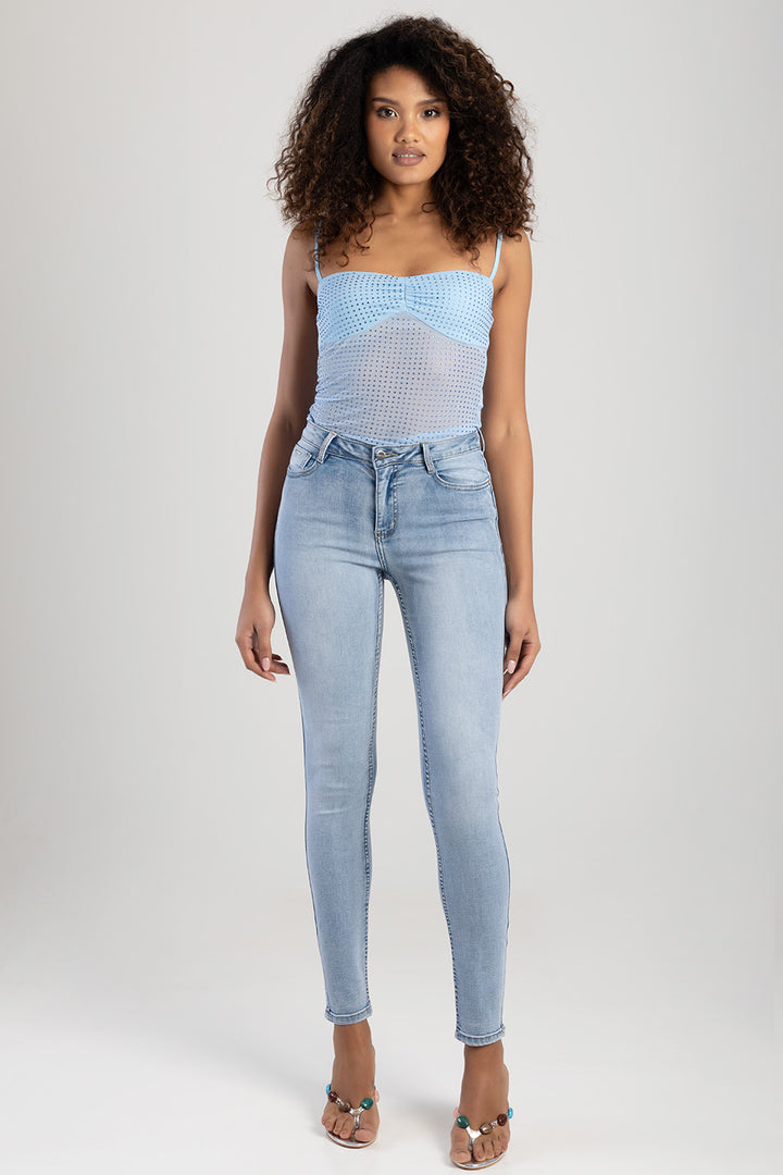 Mid Waist Skinny Denim With Back Pocket Embroidery - Light Blue