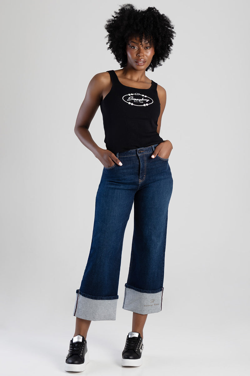 Embrodiered High Waist Turn Up Wide Leg Denim - Dark Wash