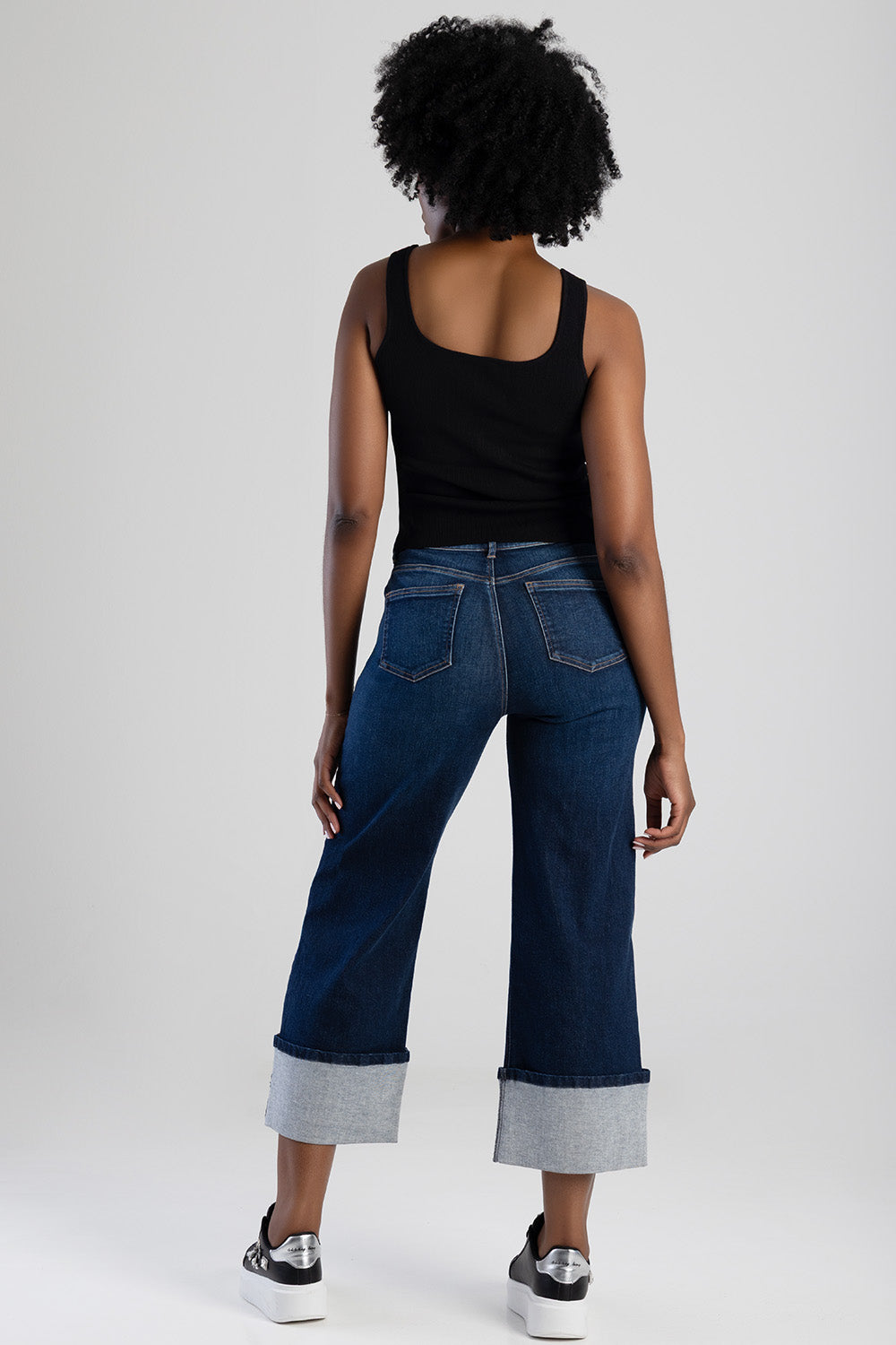 Embrodiered High Waist Turn Up Wide Leg Denim - Dark Wash