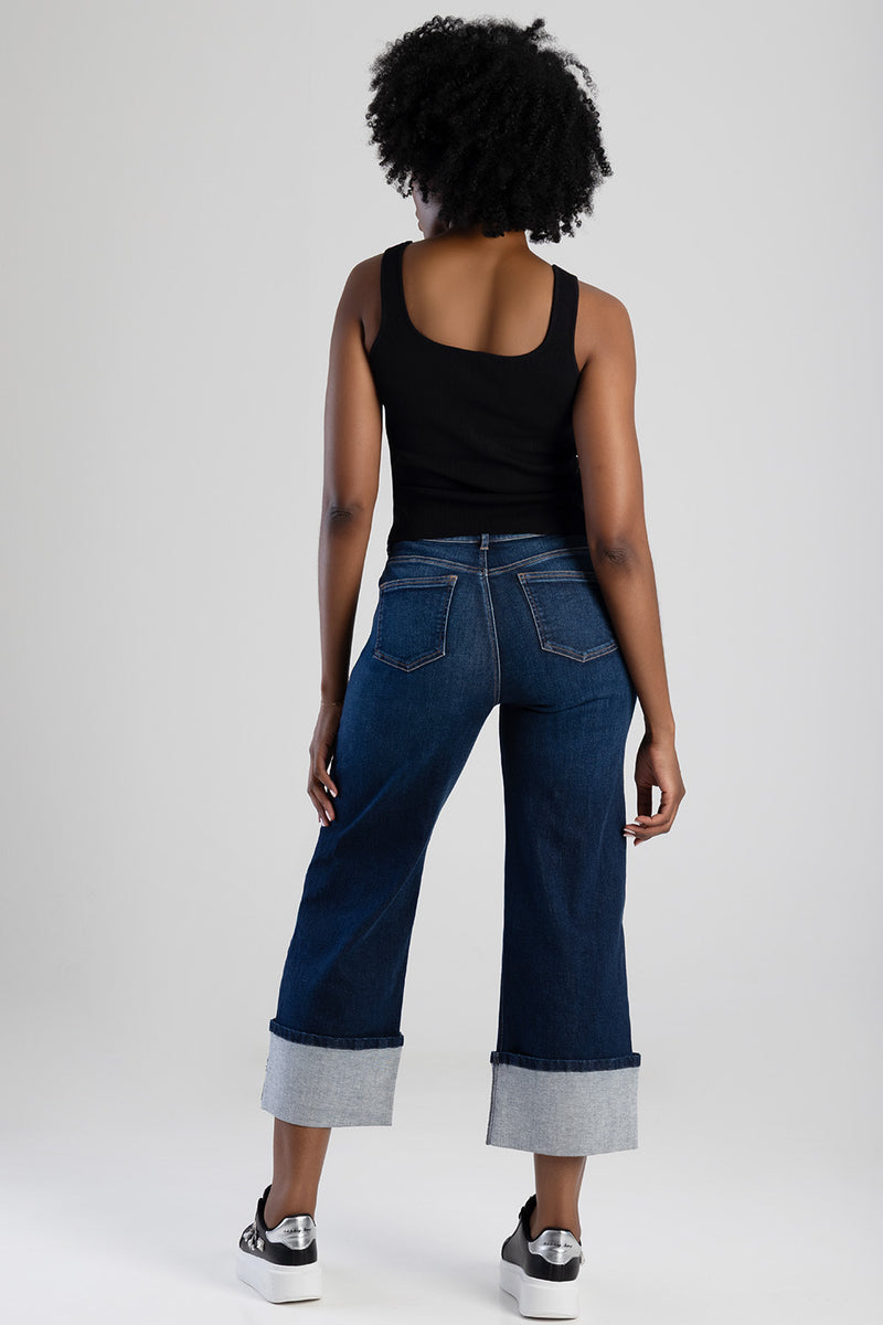 Embrodiered High Waist Turn Up Wide Leg Denim - Dark Wash
