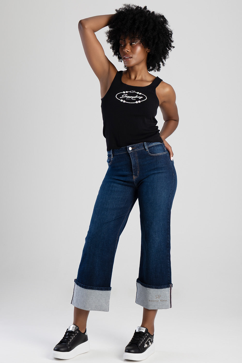 Embrodiered High Waist Turn Up Wide Leg Denim - Dark Wash