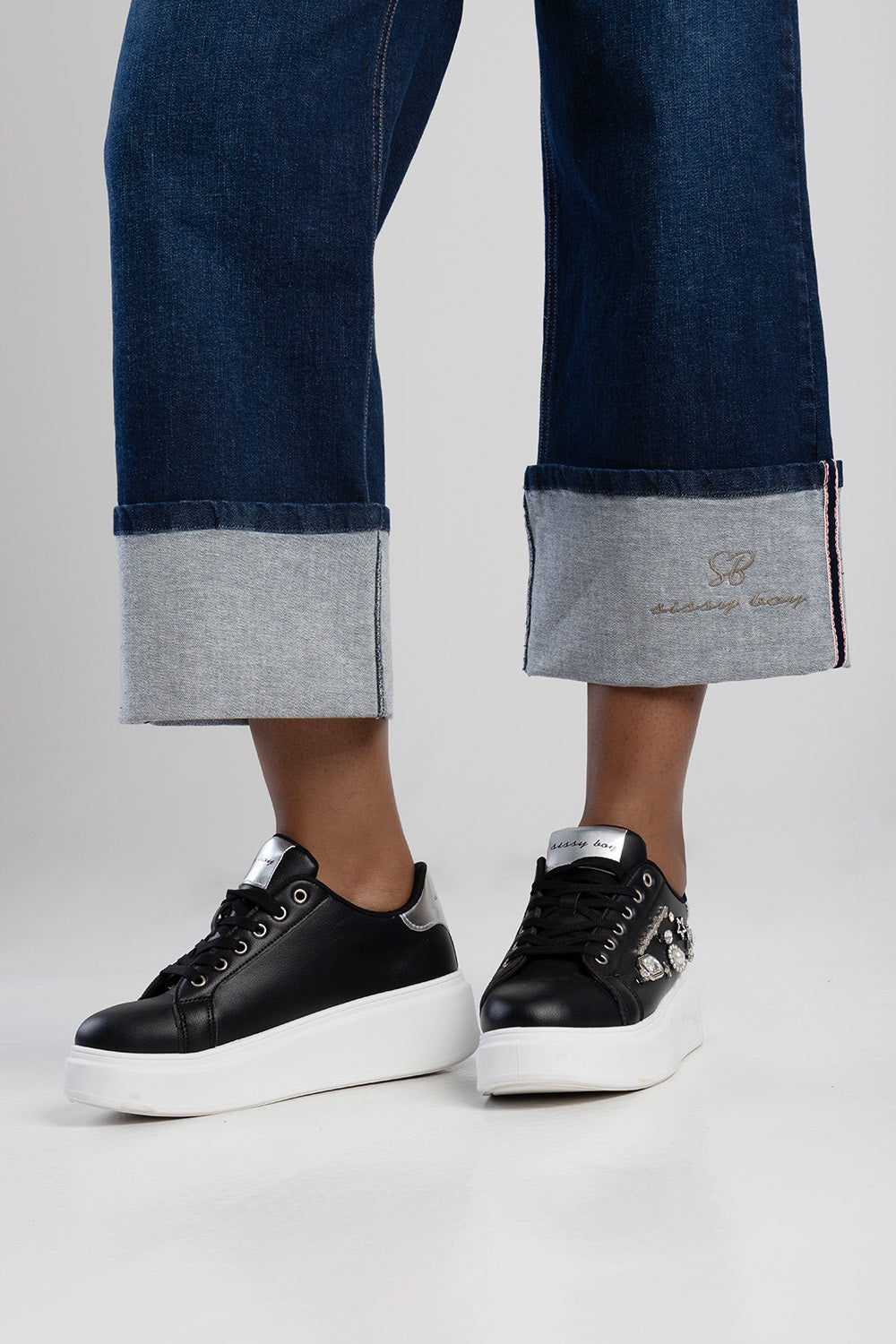 Embrodiered High Waist Turn Up Wide Leg Denim - Dark Wash