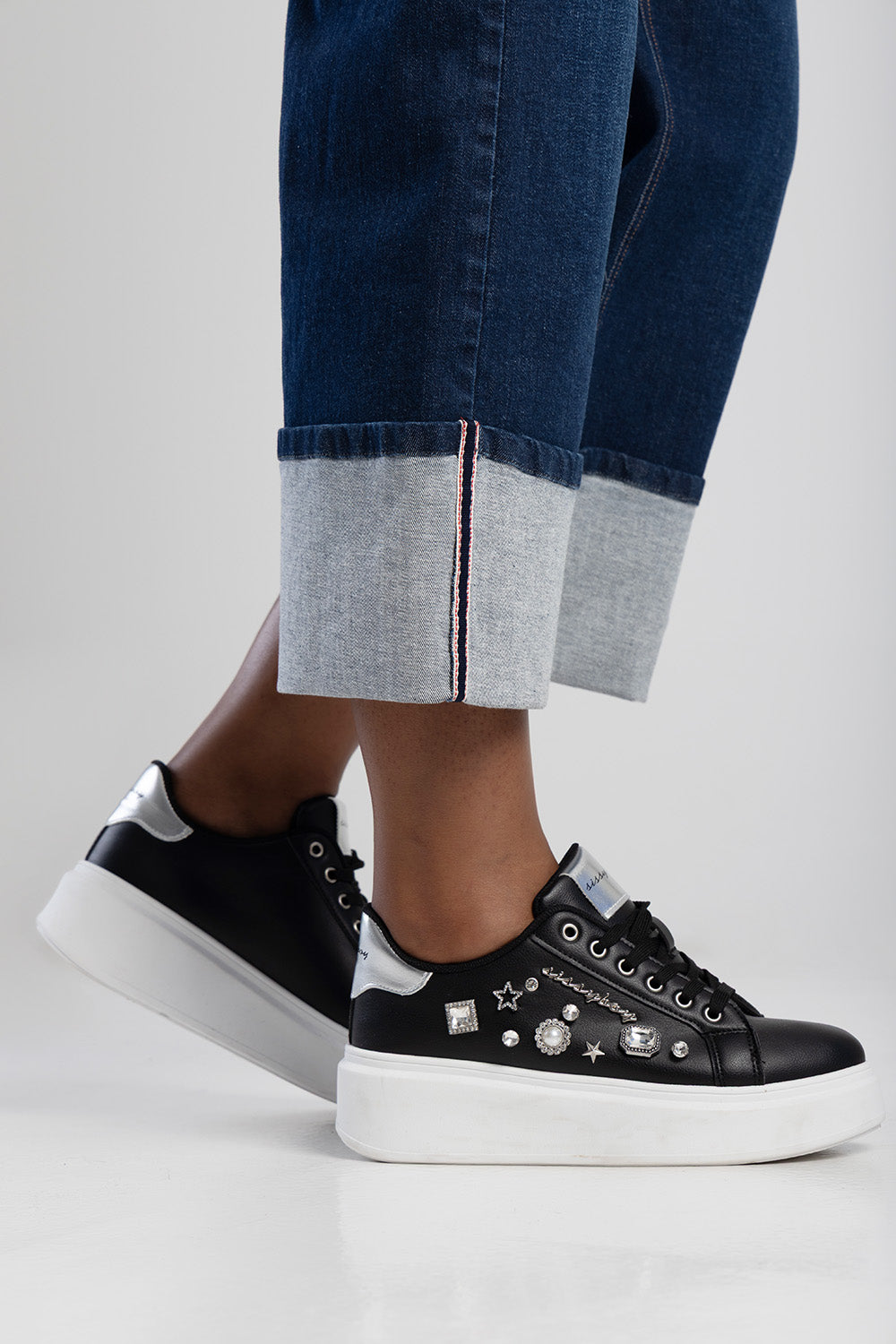 Embrodiered High Waist Turn Up Wide Leg Denim - Dark Wash